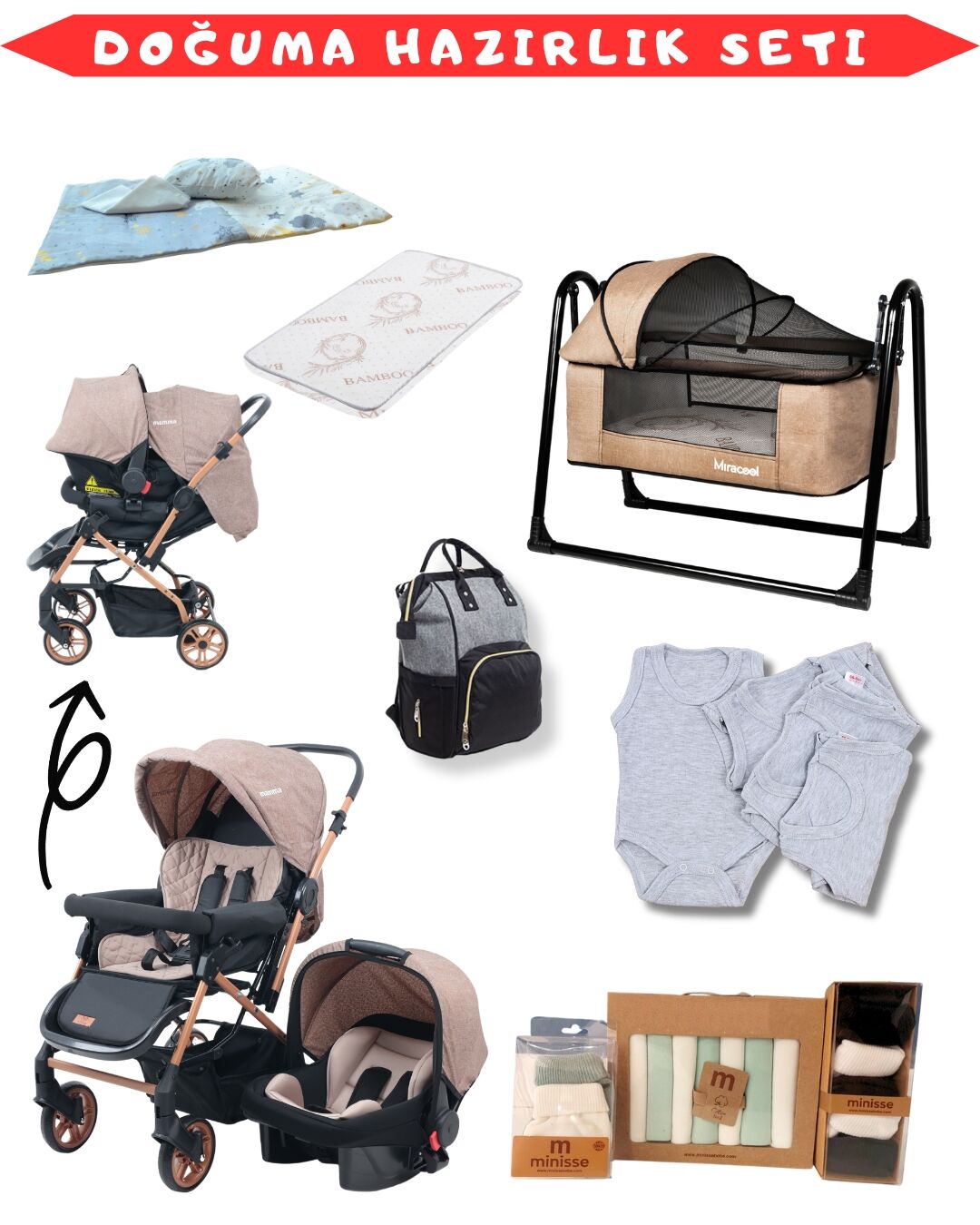 26 Parça Bebek Seti / Bebek Arabası / Puset / Beşik + 23 Gold Kahve