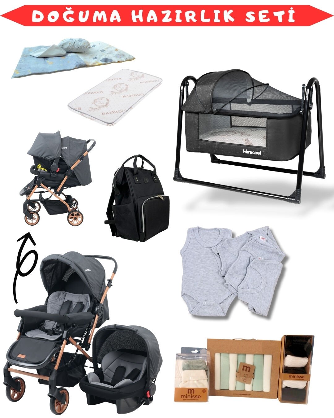26 Parça Bebek Seti / Bebek Arabası / Puset / Beşik + 23 Gold Siyah