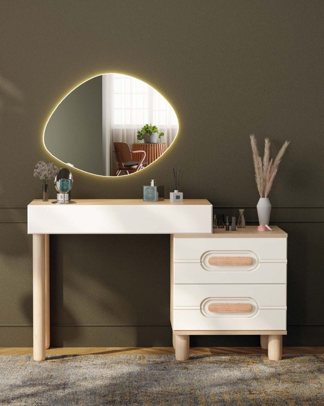 Orkide Aynalı Şifonyer / Led Işıklı / Komple MDF