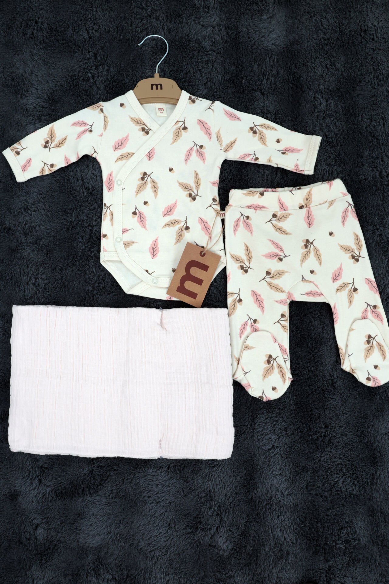 3'lü Set / Badi - Pantolon - Battaniye / %100 Pamuk / Organik / Ekru-Yaprak Desen