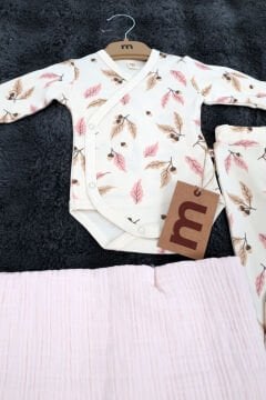 3'lü Set / Badi - Pantolon - Battaniye / %100 Pamuk / Organik / Ekru-Yaprak Desen