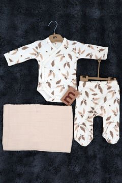 3'lü Set / Badi - Pantolon - Battaniye / %100 Pamuk / Organik / Bej-Yaprak Desen