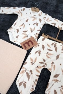 3'lü Set / Badi - Pantolon - Battaniye / %100 Pamuk / Organik / Bej-Yaprak Desen