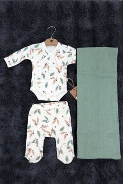 3'lü Set / Badi - Pantolon - Battaniye / %100 Pamuk / Organik / Ekru-Yeşil