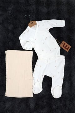 3'lü Set / Badi - Pantolon - Battaniye / %100 Pamuk / Organik / Bej-Beyaz