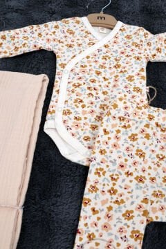 3'lü Set / Badi - Pantolon - Battaniye / %100 Pamuk / Organik / Çiçek