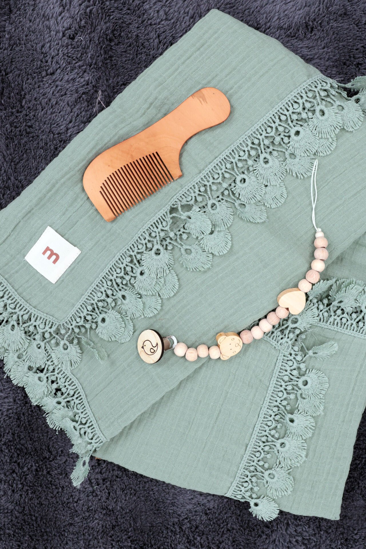 Muslin Battaniye / Tarak / Emzik Tutacağı / 3lü Bebek Hediye Seti - Yeşil