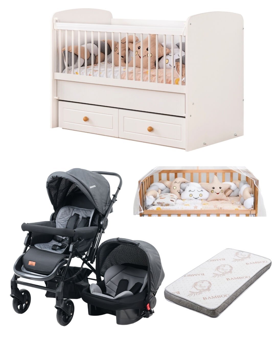 Beşik / Bebek Arabası / Puset / 8 Parça Örgü Uyku Seti / Yatak