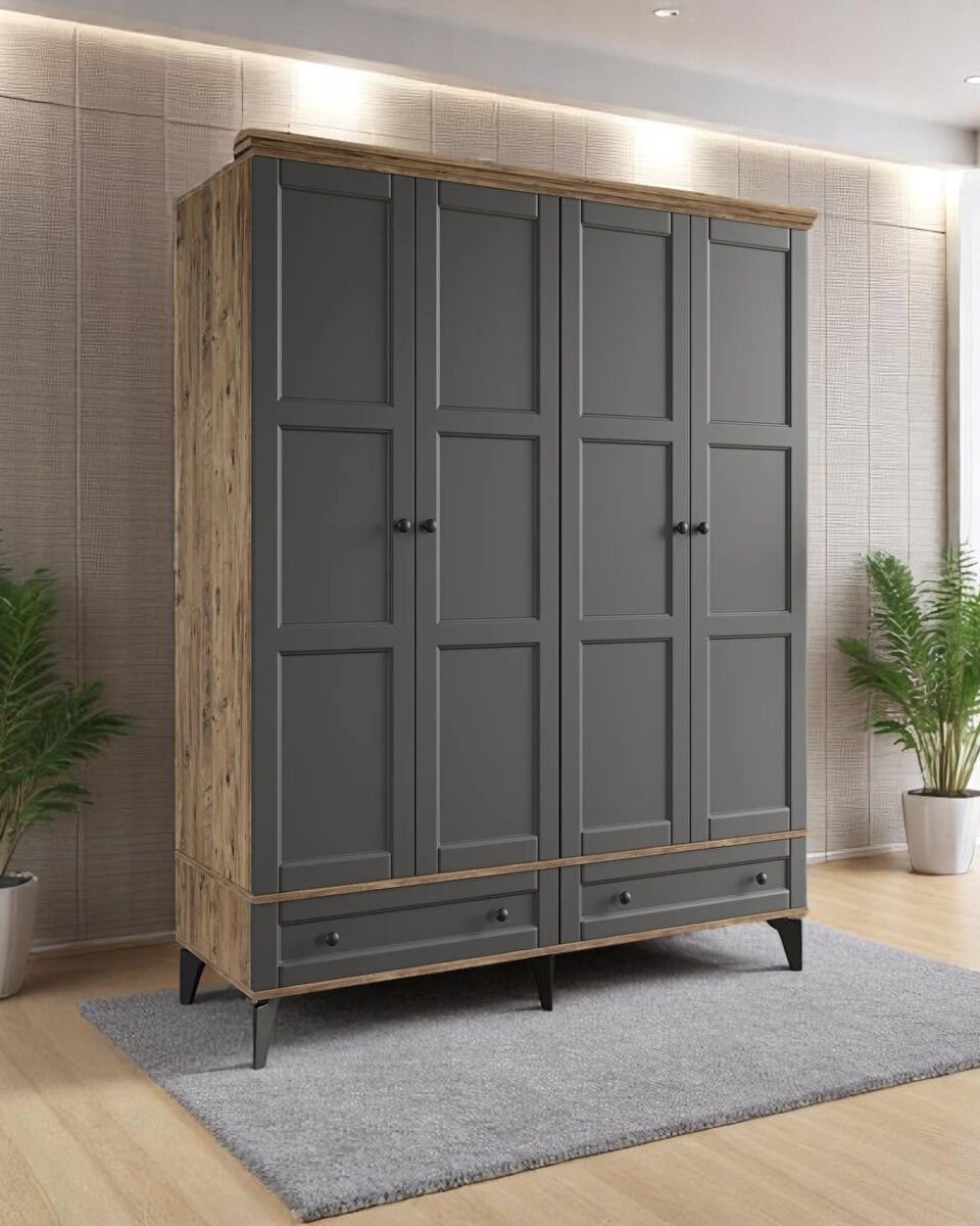 Miracool Karin 4 Kapaklı Dolap / Gardrop / Çam Antrasit / %100MDF