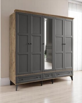 Miracool Karin 5 Kapaklı Dolap / Gardrop / Çam Antrasit / %100MDF
