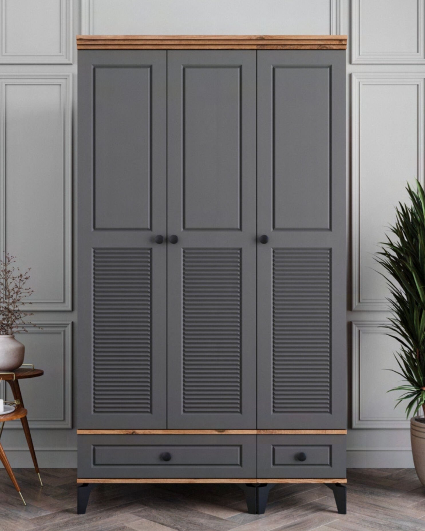 Miracool Panjur Fix 3 Kapılı Dolap / %100MDF / Çam-Antrasit