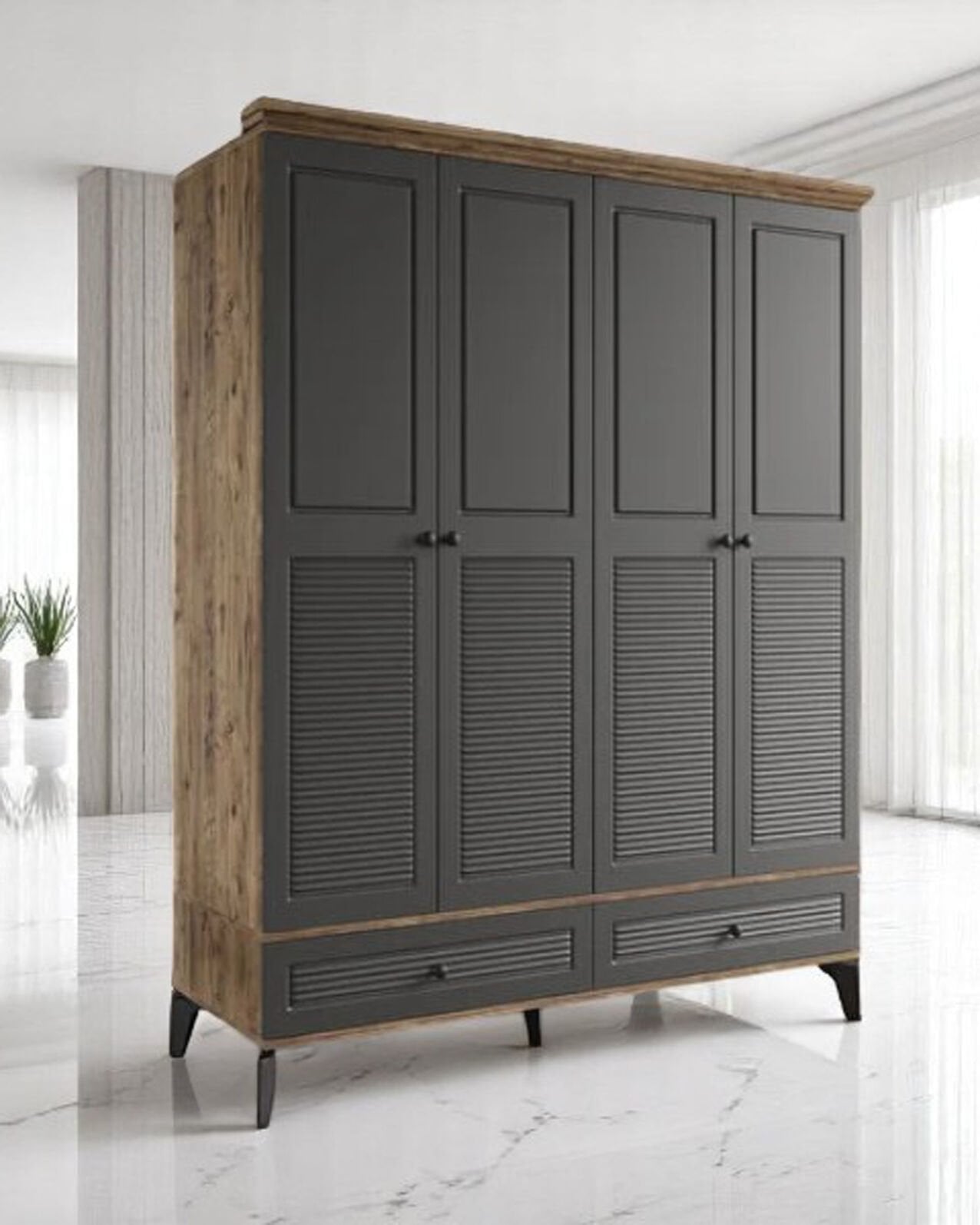 Miracool Panjur Fix 4 Kapılı Dolap / %100MDF / Çam-Antrasit