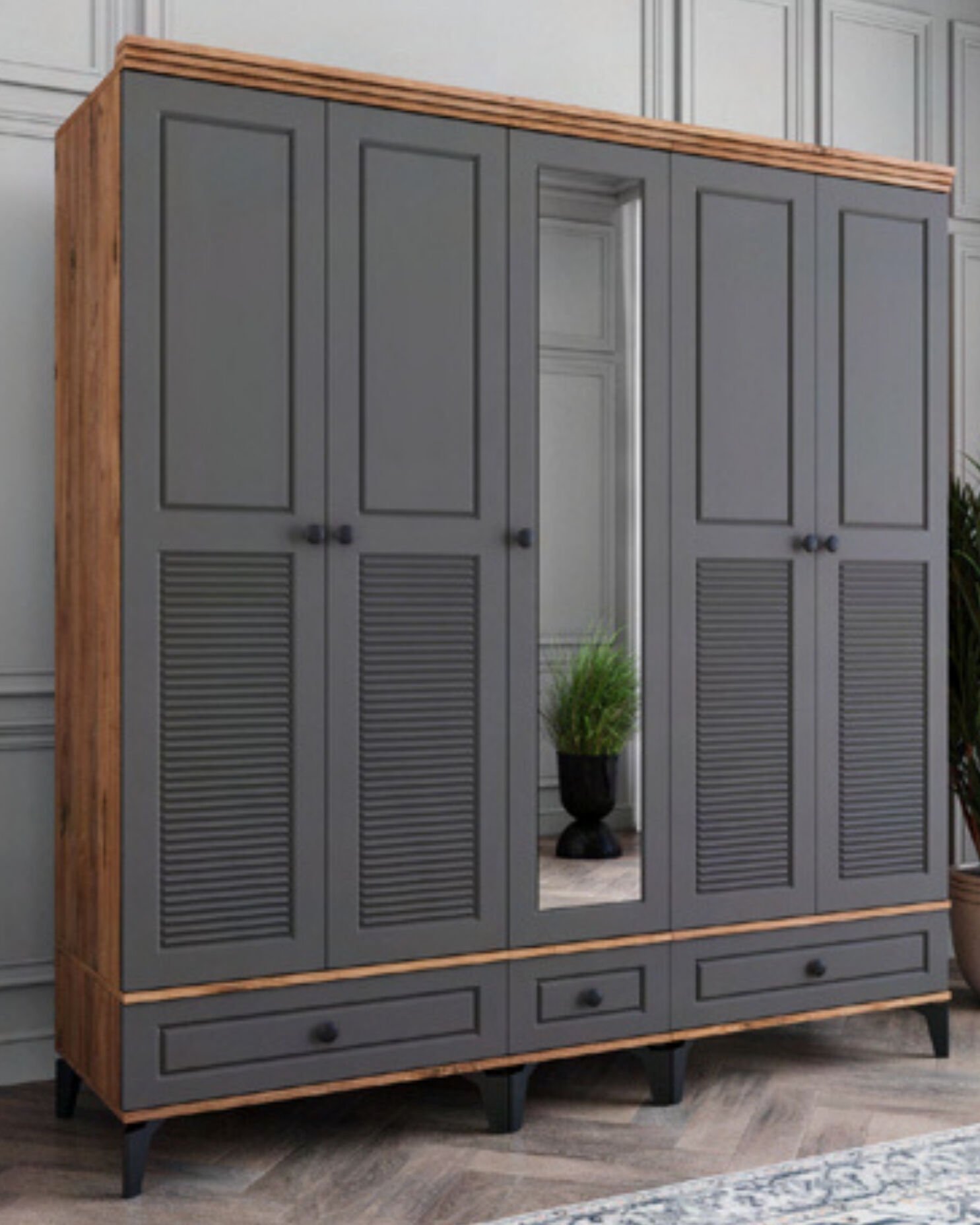 Miracool Panjur Fix 5 Kapılı Dolap / %100MDF / Çam-Antrasit