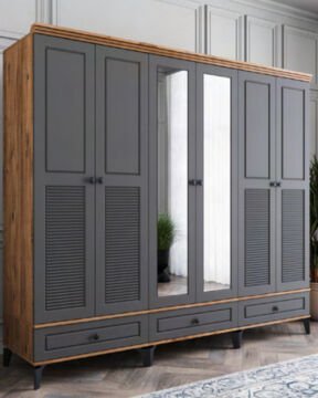 Miracool Panjur Fix 6 Kapılı Dolap / %100MDF / Çam-Antrasit