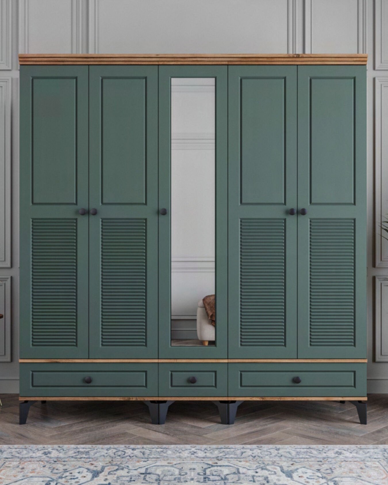 Miracool Panjur Fix 5 Kapılı Dolap / %100 MDF / Çam-Yeşil