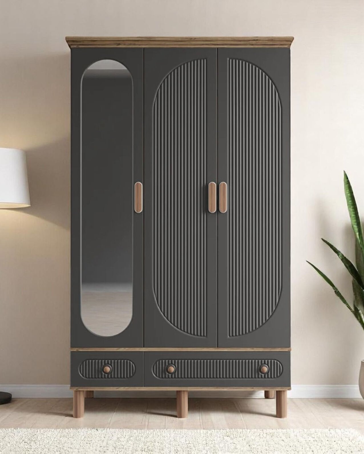 Miracool Milen 3 Kapılı Dolap / %100 MDF / Çam-Antrasit