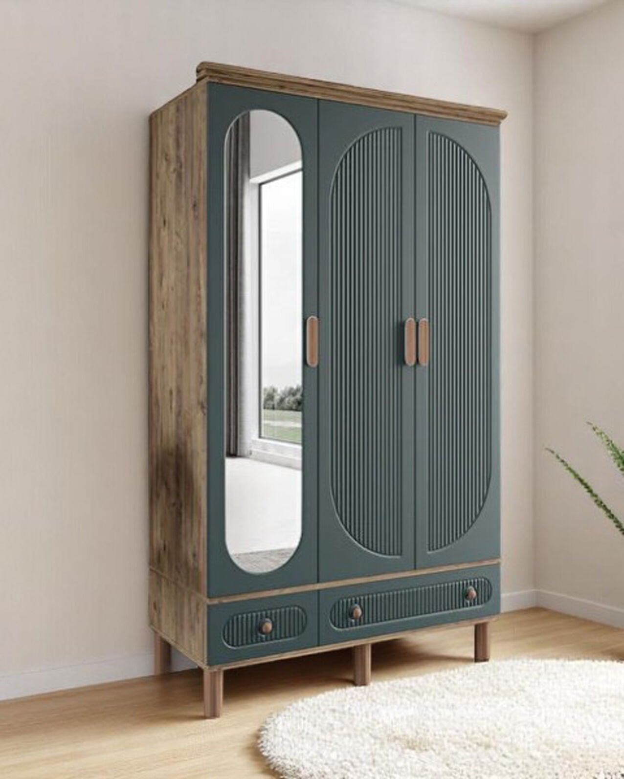 Miracool Milen 3 Kapılı Dolap / %100 MDF / Çam-Yeşil