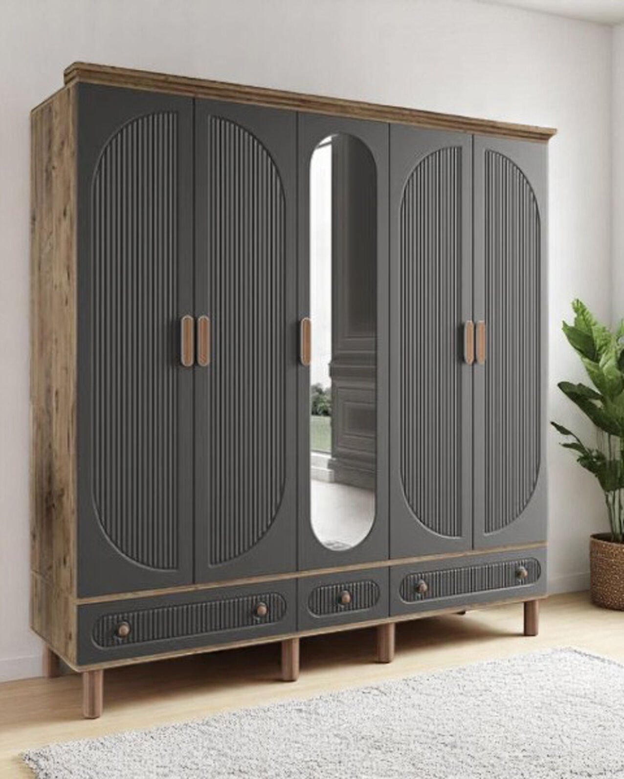 Miracool Milen 5 Kapılı Dolap / %100 MDF / Çam-Antrasit