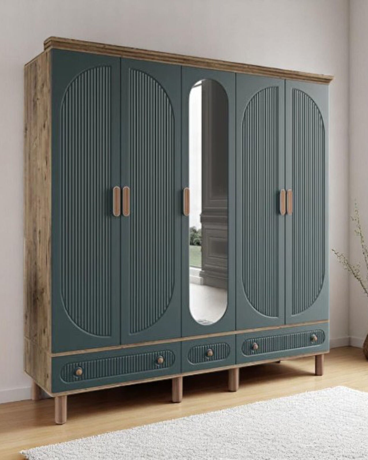 Miracool Milen 5 Kapılı Dolap / %100 MDF / Çam-Haki Yeşil