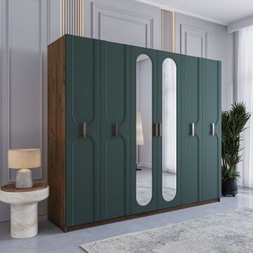 Miracool Loren 6 Kapılı Dolap / %100 MDF / Çam-Haki Yeşil / Bazalı