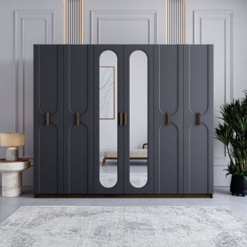Miracool Loren 6 Kapılı Dolap / %100 MDF / Çam-Antrasit / Bazalı