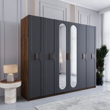 Miracool Loren 6 Kapılı Dolap / %100 MDF / Çam-Antrasit / Bazalı