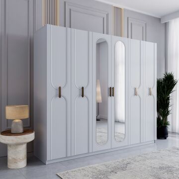 Miracool Loren 6 Kapılı Dolap / %100 MDF / Beyaz / Bazalı