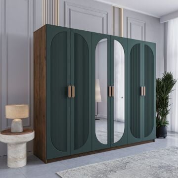 Miracool Milen 6 Kapılı Dolap / %100 MDF / Çam-Haki Yeşil / Bazalı