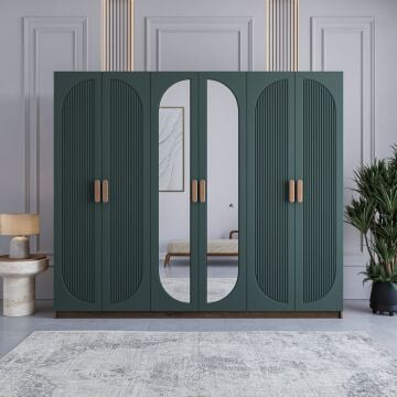 Miracool Milen 6 Kapılı Dolap / %100 MDF / Çam-Haki Yeşil / Bazalı