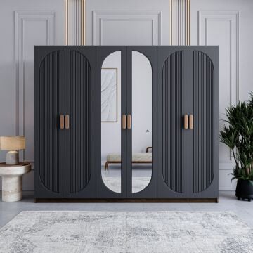 Miracool Milen 6 Kapılı Dolap / %100 MDF / Çam-Antrasit / Bazalı