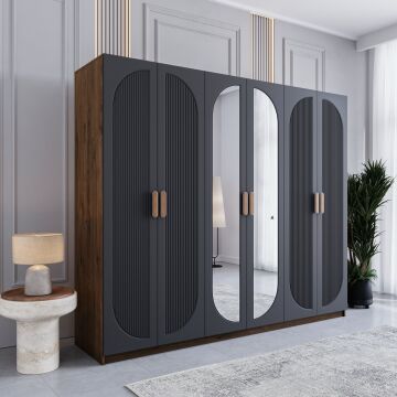 Miracool Milen 6 Kapılı Dolap / %100 MDF / Çam-Antrasit / Bazalı