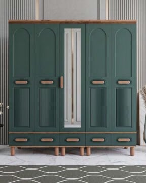 Miracool Otto 5 Kapılı Dolap / %100 MDF / Çam-Haki Yeşil