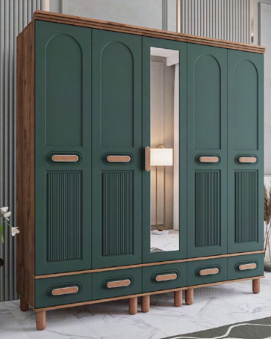 Miracool Otto 5 Kapılı Dolap / %100 MDF / Çam-Haki Yeşil