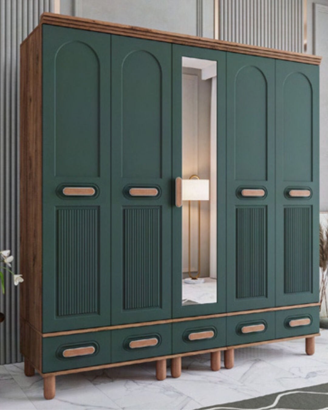 Miracool Otto 5 Kapılı Dolap / %100 MDF / Çam-Haki Yeşil