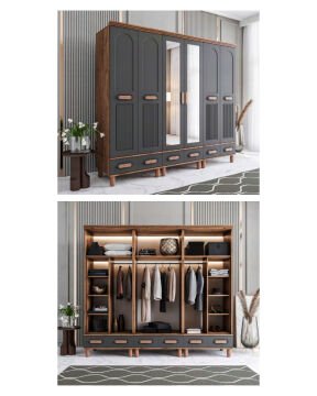 Miracool Otto 6 Kapılı Dolap / %100 MDF / Çam-Antrasit