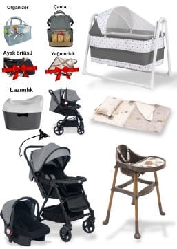 Yenidoğan Bebek Seti / 12Parça/ Joell Trendy Bebek Arabası/Puset/Beşik/Mama Sandalyesi +8 parça