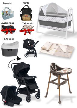 Yenidoğan Bebek Seti / 12Parça/ Joell Trendy Bebek Arabası/Puset/Beşik/Mama Sandalyesi +8 parça