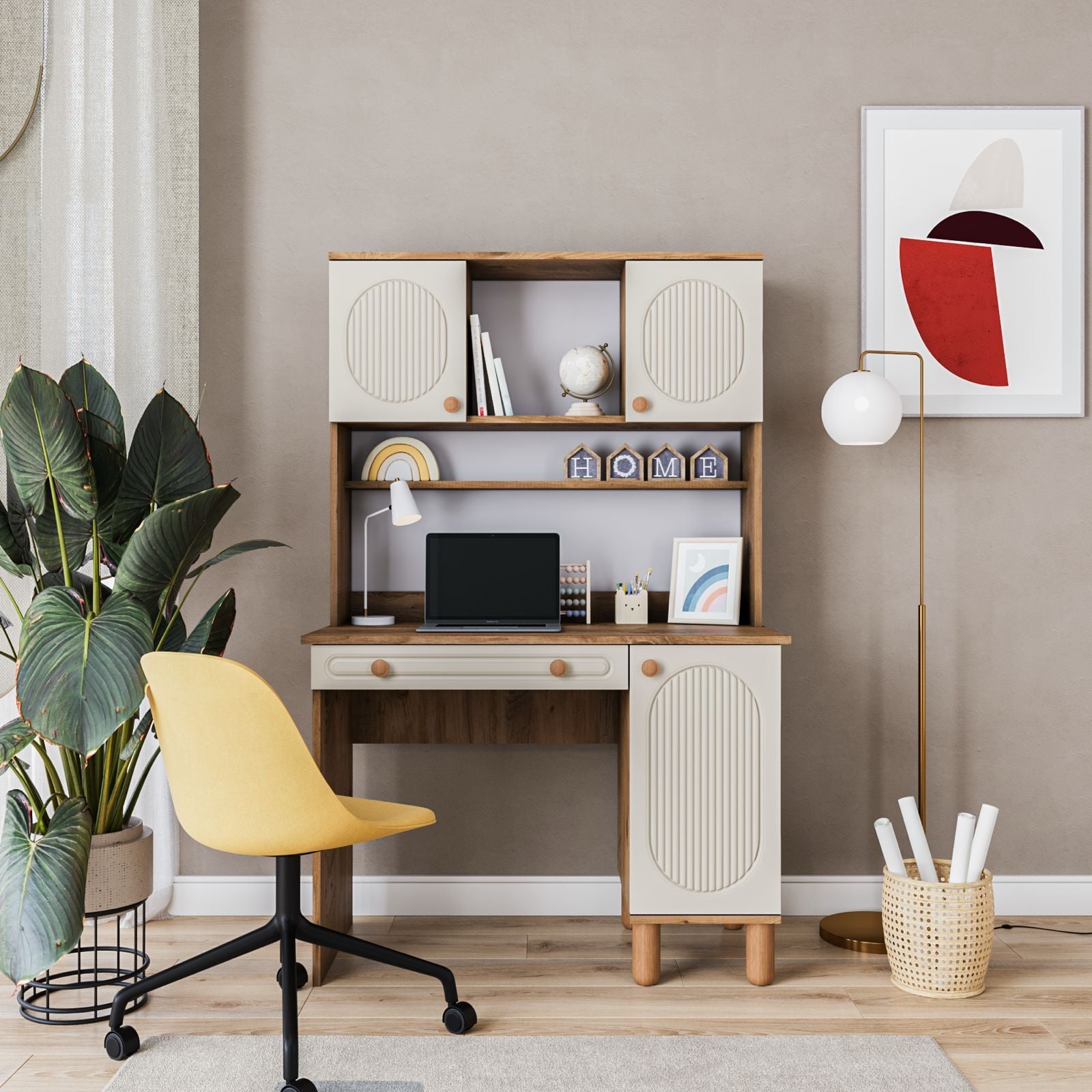 Milen Kitaplıklı Çalışma Masası / Komple MDF / Çam-Aytaşı