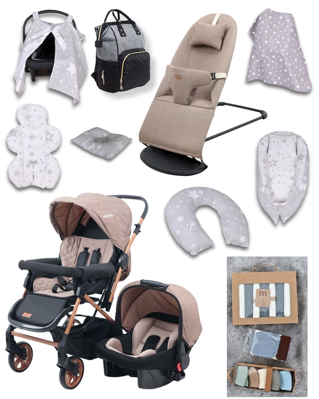 Miracool 25 Parça Bebek Seti/Bebek Arabası/Puset/Ana Kucağı/Çanta/Babynest + Giyim ve Tekstil Paketi