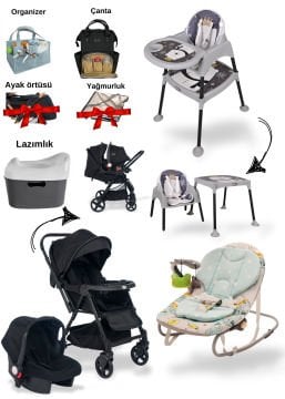 10Parça Bebek Seti/ Joell trendy bebek arabası/Puset/Ana Kucağı/Masa&Sandalye +6 Parça