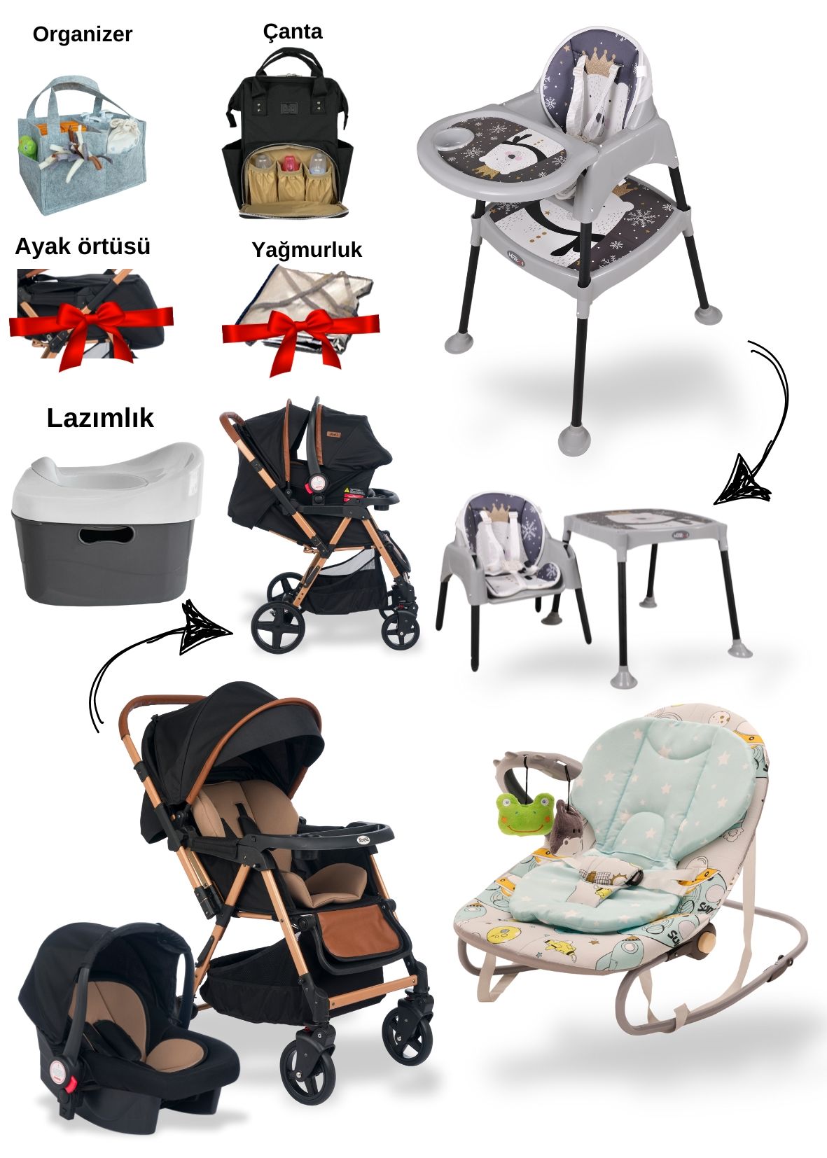 10Parça Bebek Seti/ Joell trendy bebek arabası/Puset/Ana Kucağı/Masa&Sandalye +6 Parça