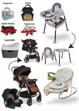10Parça Bebek Seti/ Joell trendy bebek arabası/Puset/Ana Kucağı/Masa&Sandalye +6 Parça