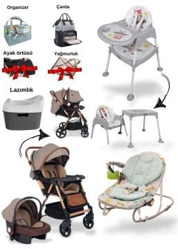 10Parça Bebek Seti/ Joell trendy bebek arabası/Puset/Ana Kucağı/Masa&Sandalye +6 Parça