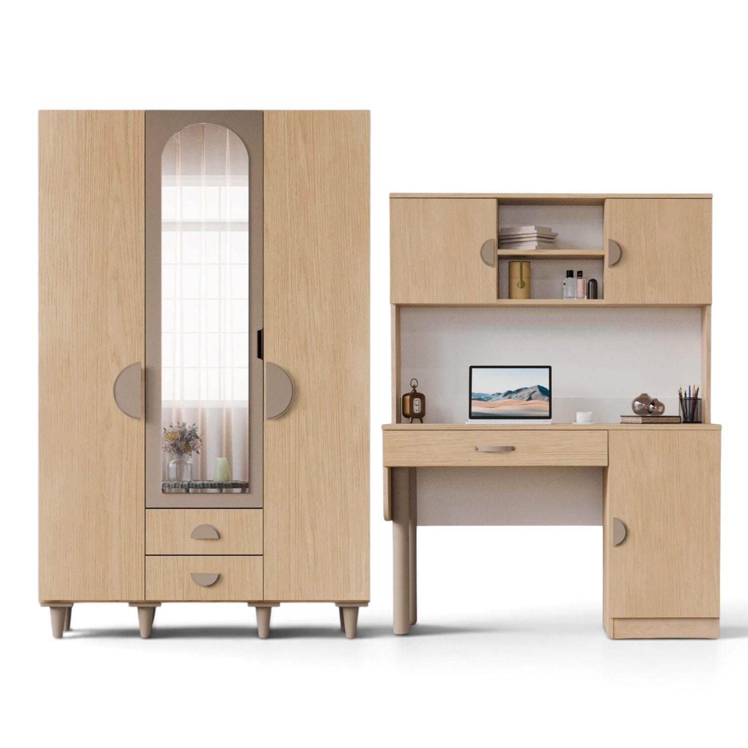 Ladin İkili Kombin / 3 Kapaklı Dolap ve Kitaplıklı Çalışma Masası / Tamamı MDF
