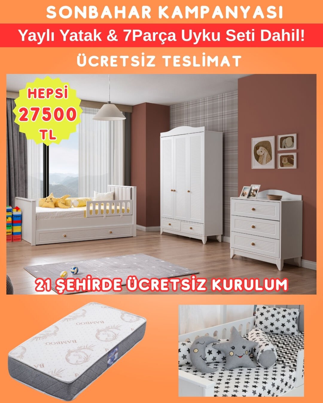 Miracool Allende Bebek ve Çocuk Oda Takımı / Yatak ve 7 Parça Uyku Seti Dahil / Ücretsiz Kurulum-Teslimat