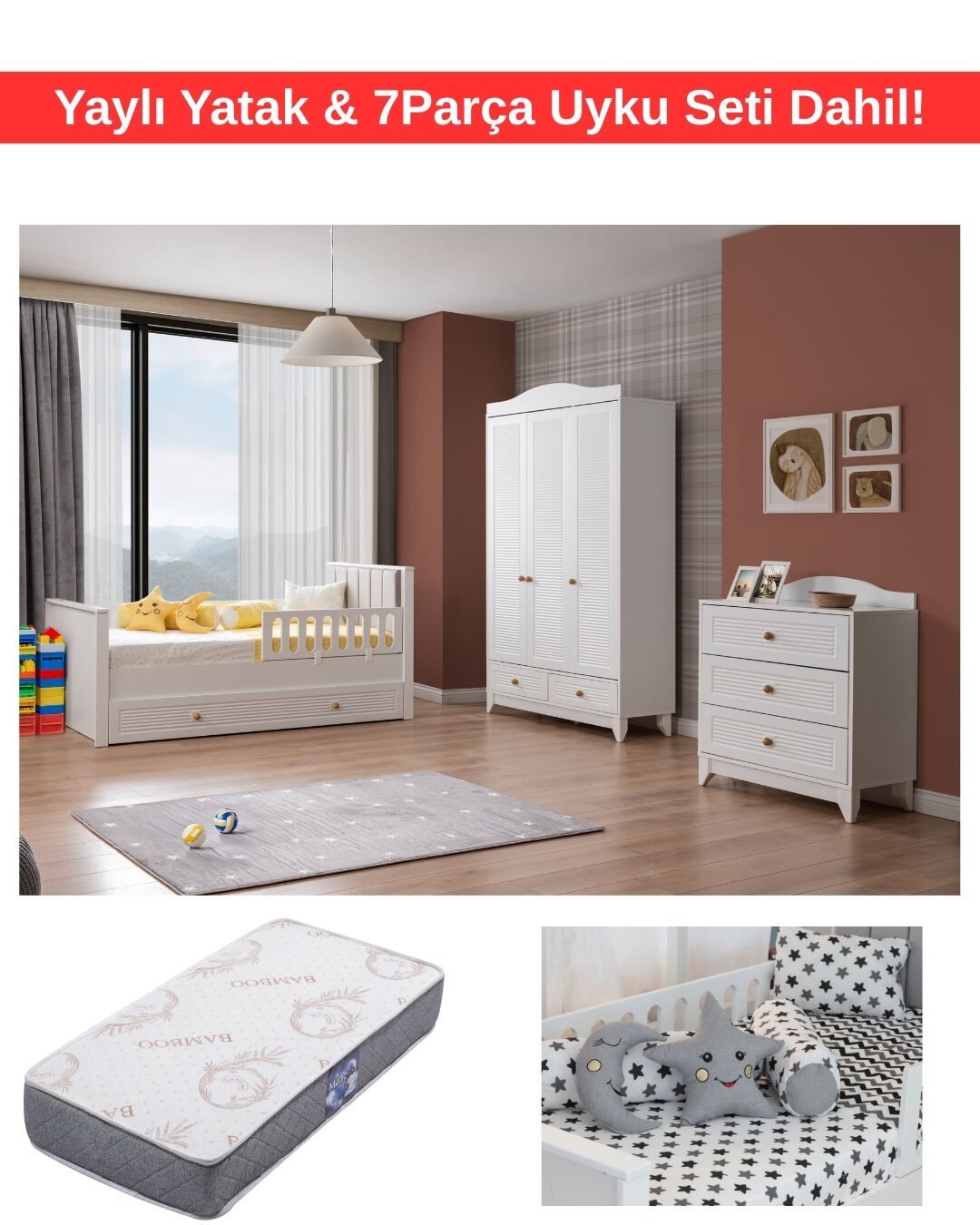 Miracool Allende Bebek ve Çocuk Oda Takımı / Yatak ve 7 Parça Uyku Seti Dahil / Ücretsiz Kurulum-Teslimat