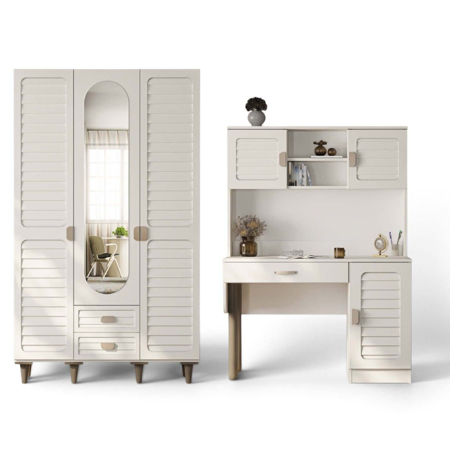 Lavanta İkili Kombin / 3 Kapaklı Dolap ve Kitaplıklı Çalışma Masası / Tamamı MDF