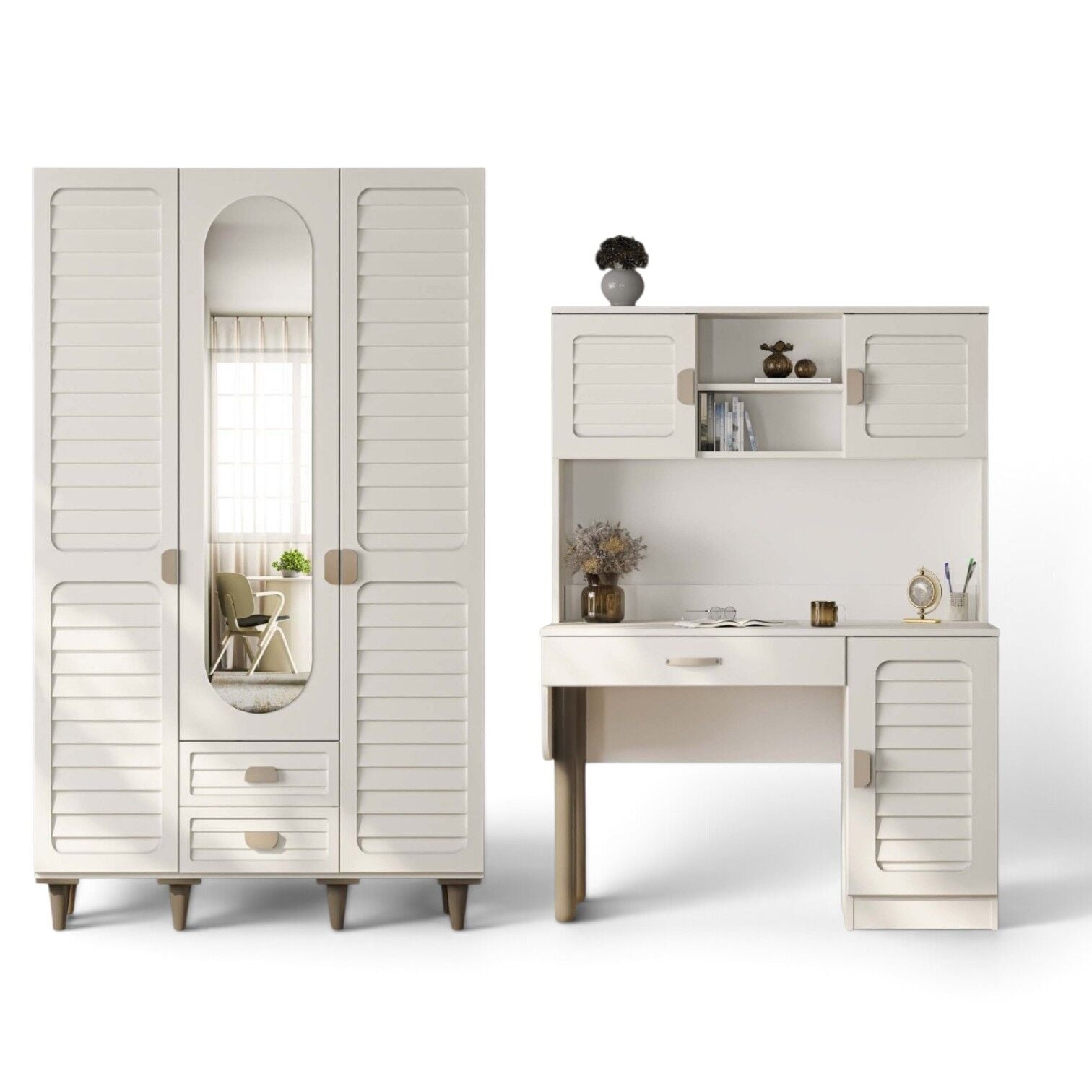 Lavanta İkili Kombin / 3 Kapaklı Dolap ve Kitaplıklı Çalışma Masası / Tamamı MDF