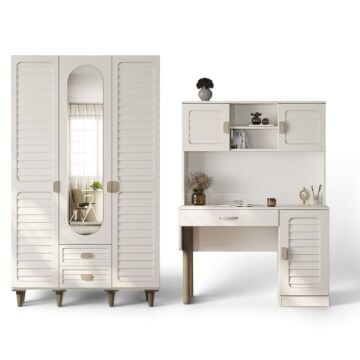 Lavanta İkili Kombin / 3 Kapaklı Dolap ve Kitaplıklı Çalışma Masası / Tamamı MDF