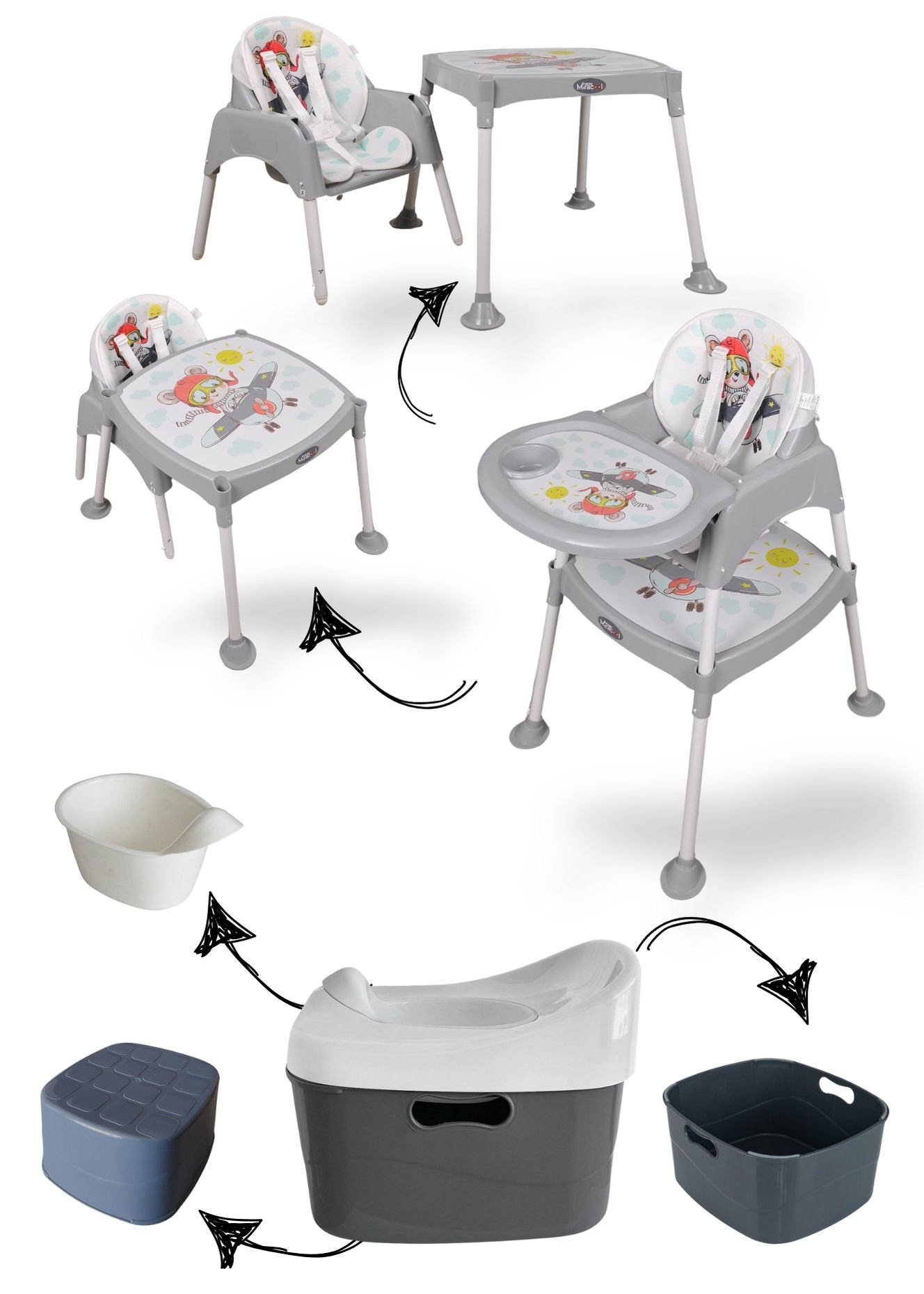 Miracool 3in1 Energy Mama Sandalyesi & 4ü1 Arada Lazımlık Seti Gri